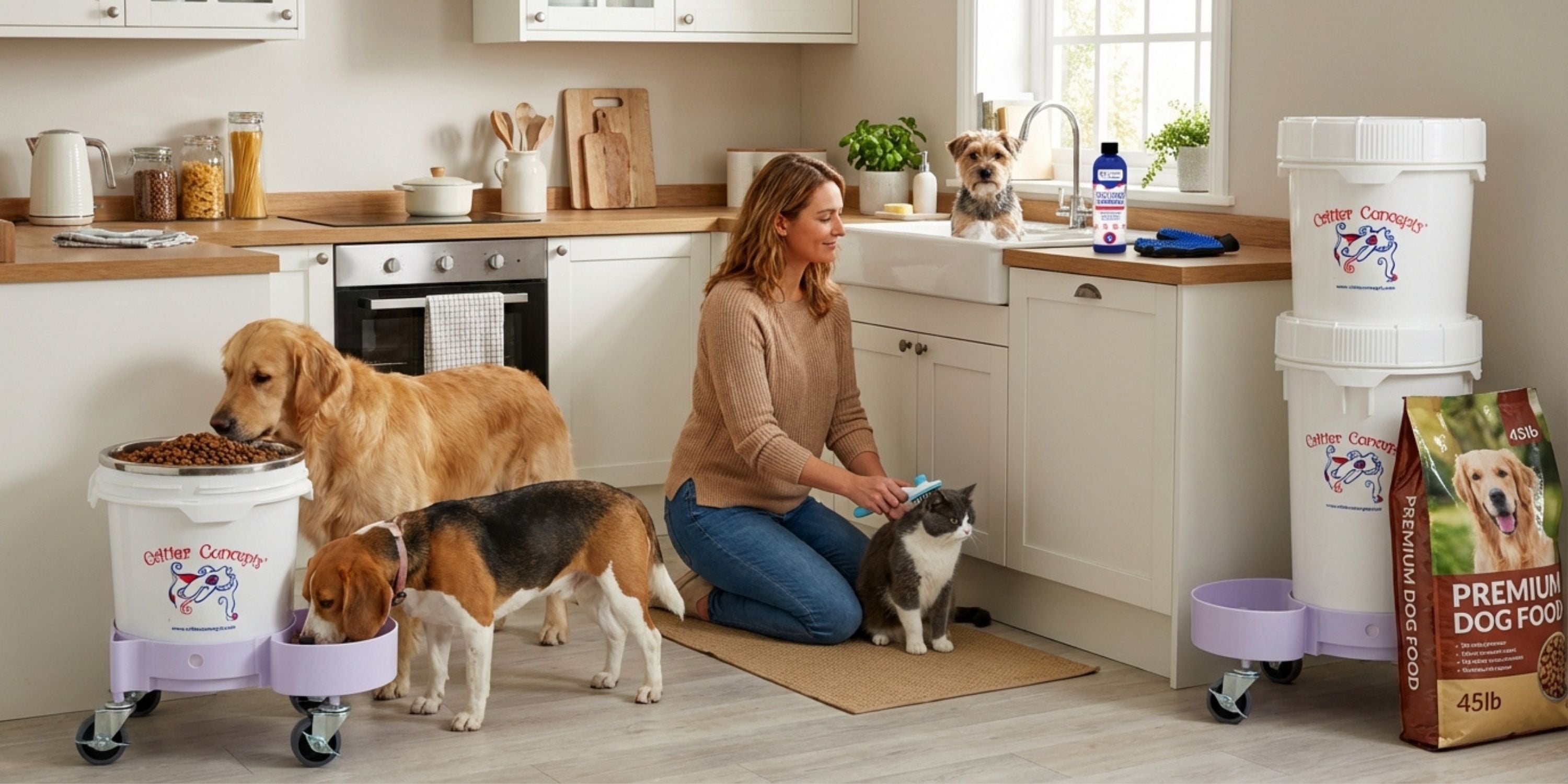 Load video: The 6.5 gallon Critter Cooler Gravity Fed Dog Waterer, fills from the top and rolls on 3 inch locking wheels.
